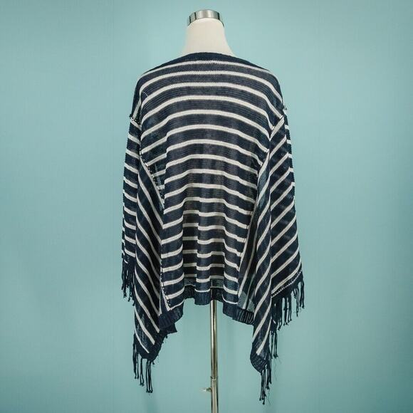 525 America Size XS Small S Blue Stripe Nautical Fringe Linen Poncho Sweater - Picture 3 of 6